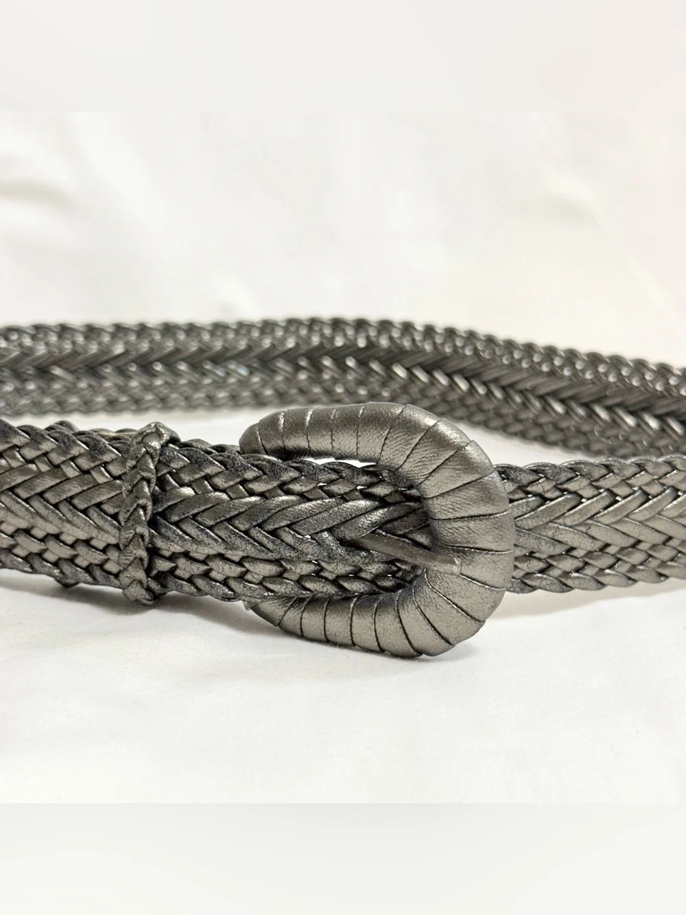 Vintage Metallic Silver Braided Belt Boho Woven Round Buckle S/M